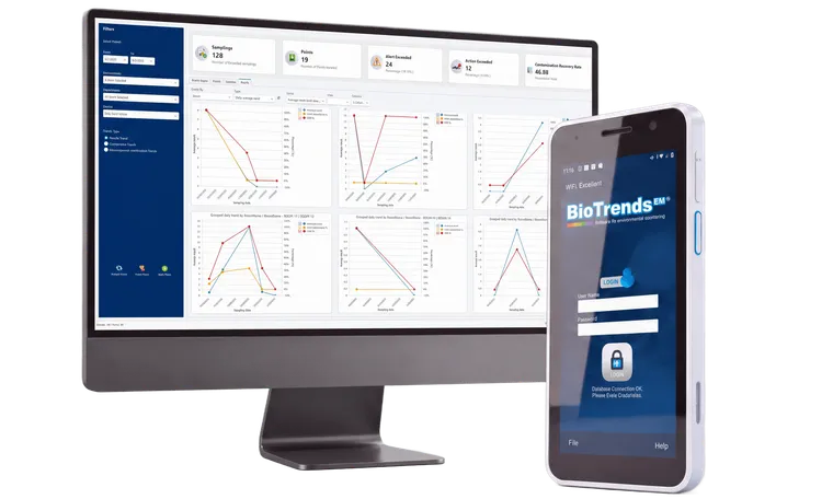 BioTrends EM Core on a desktop monitor alongside BioTrends EM Mobile on a handheld device